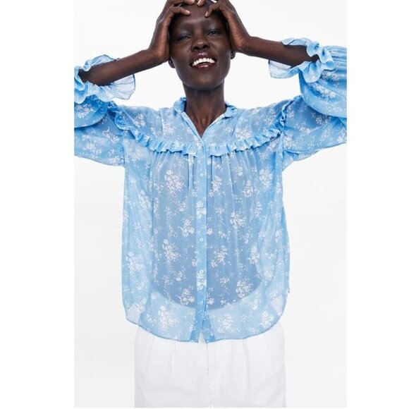 ZARA Women’s Blue Floral Sheer Long Sleeve Button Front Blouse P3088 - Picture 1 of 8